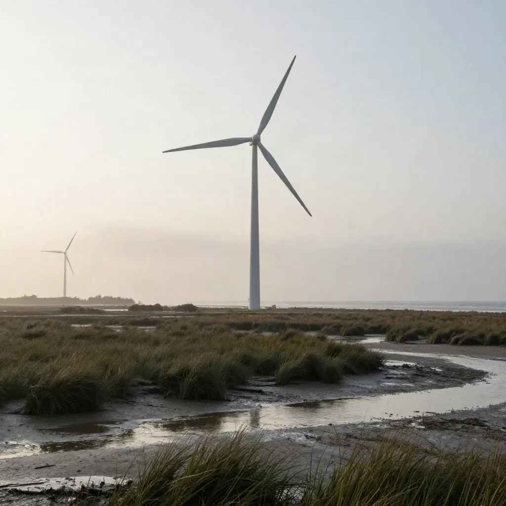 Wind turbines rise above a foggy marsh at dawn with salt grass and tidal pools.