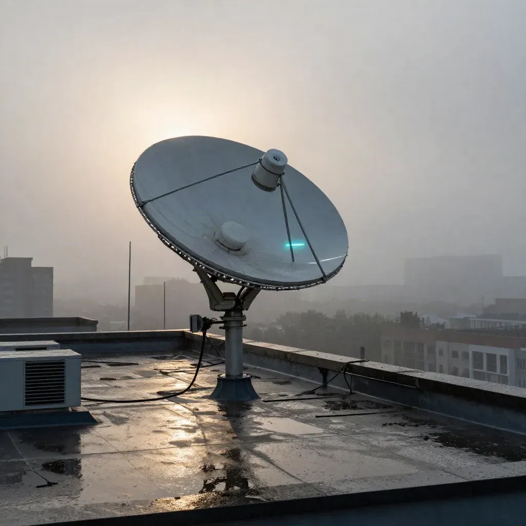 Rain-slick rooftop weather mast, satellite dish and antennas glowing cyan at dawn over a quiet city block.