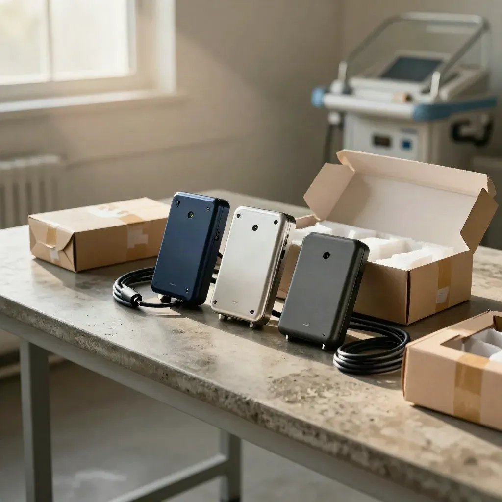 Three prototype devices on a concrete demo table with cables and shipping cartons in soft window light.