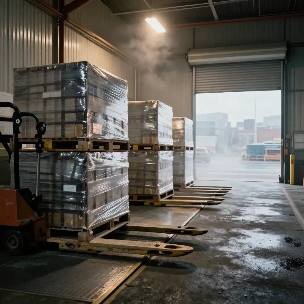 Night semiconductor loading bay with wafer crates, pallet jacks, and city light through an open dock door.