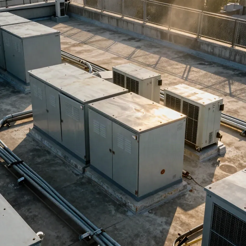 Rooftop utility yard with battery cabinets and cooling units in heat haze