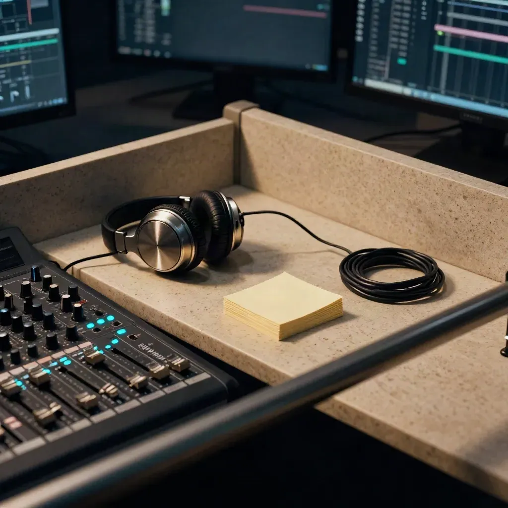 Overhead newsroom edit bay with headphones, audio mixer, blank cards, and cyan monitor glow.