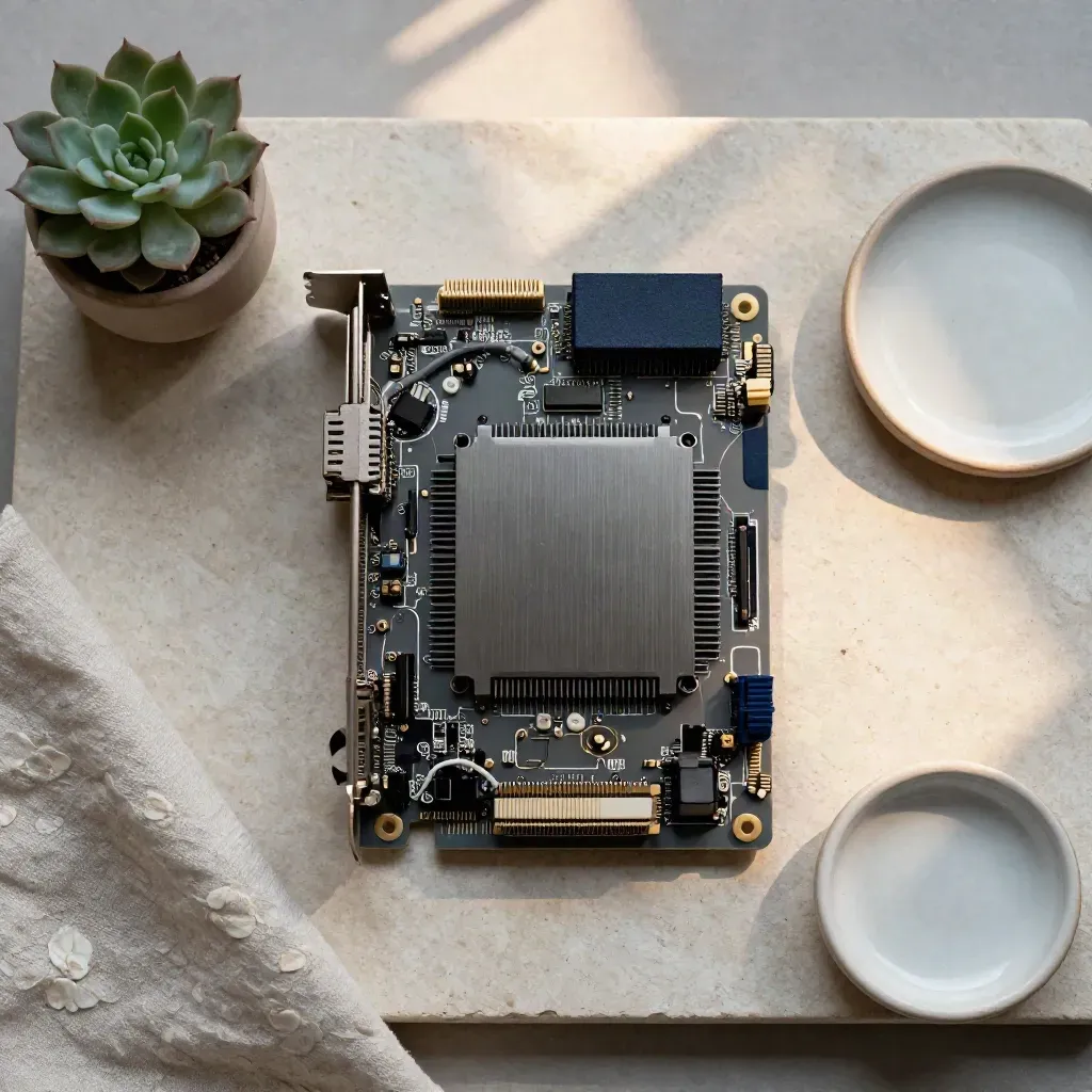 Top-down AI accelerator board with succulent, linen and ceramic dish on stone