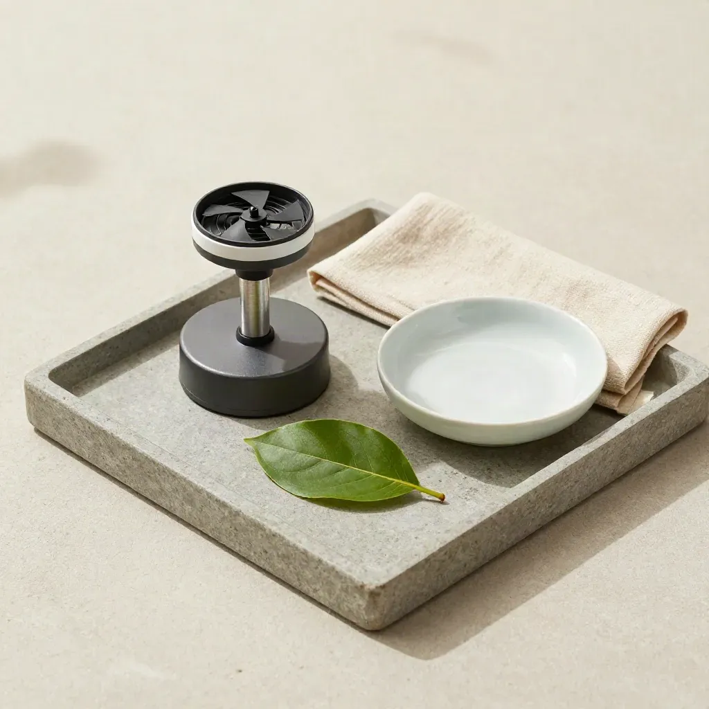 Weather sensor pod with cups, leaf sprig, cloth and ceramic dish on a stone tray.