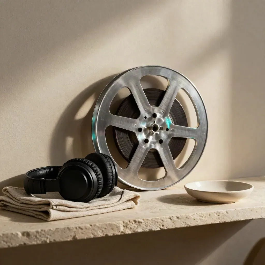 16mm film reel, headphones, cloth and ceramic dish on pale stone with a cyan edge glow